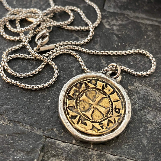 Old Spanish Coin Men's Necklace, Shipwreck Pirate Cross Pendant Brass Two Tone Mixed Medal, Unisex Jewelry, ST-030