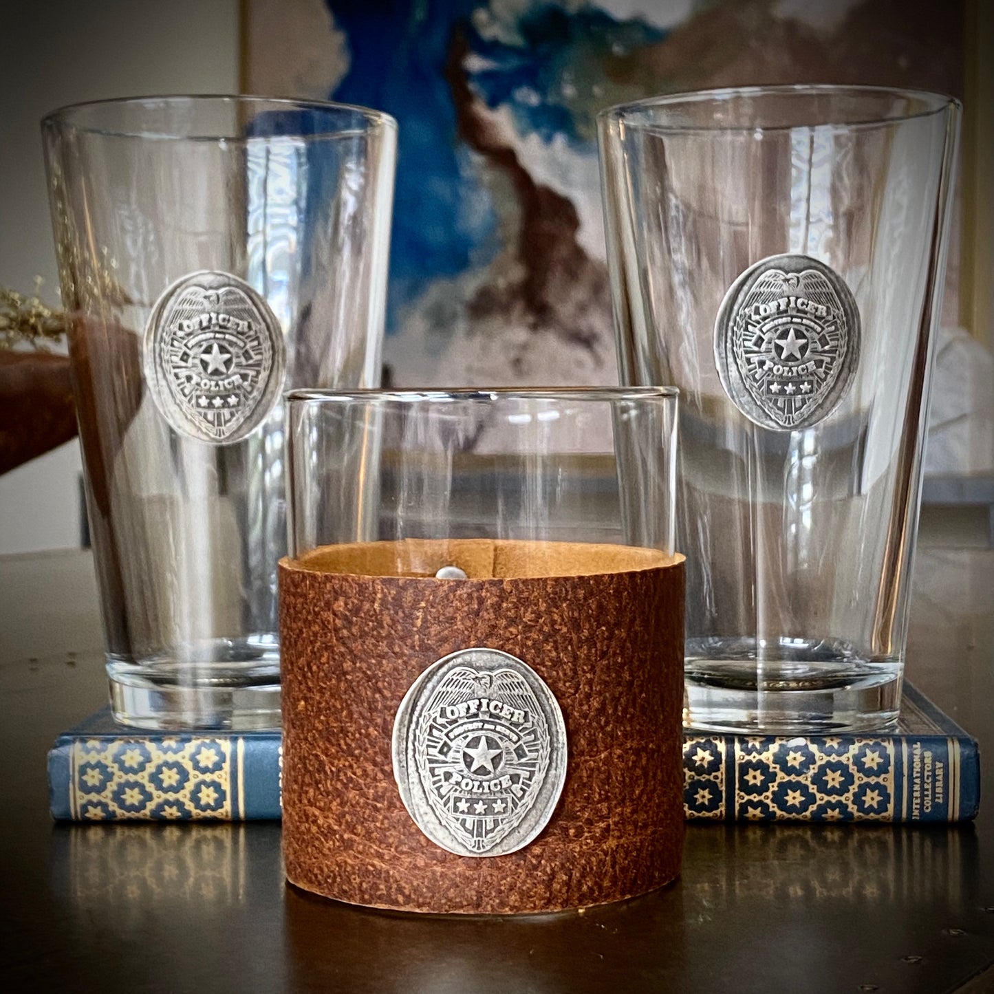 NEW - Custom Scotch Whiskey Glass, Police Badge, Highball Leather Wrap, Law Enforcement, Police Gift, Scotch Glasses, thin blue line, BW-007
