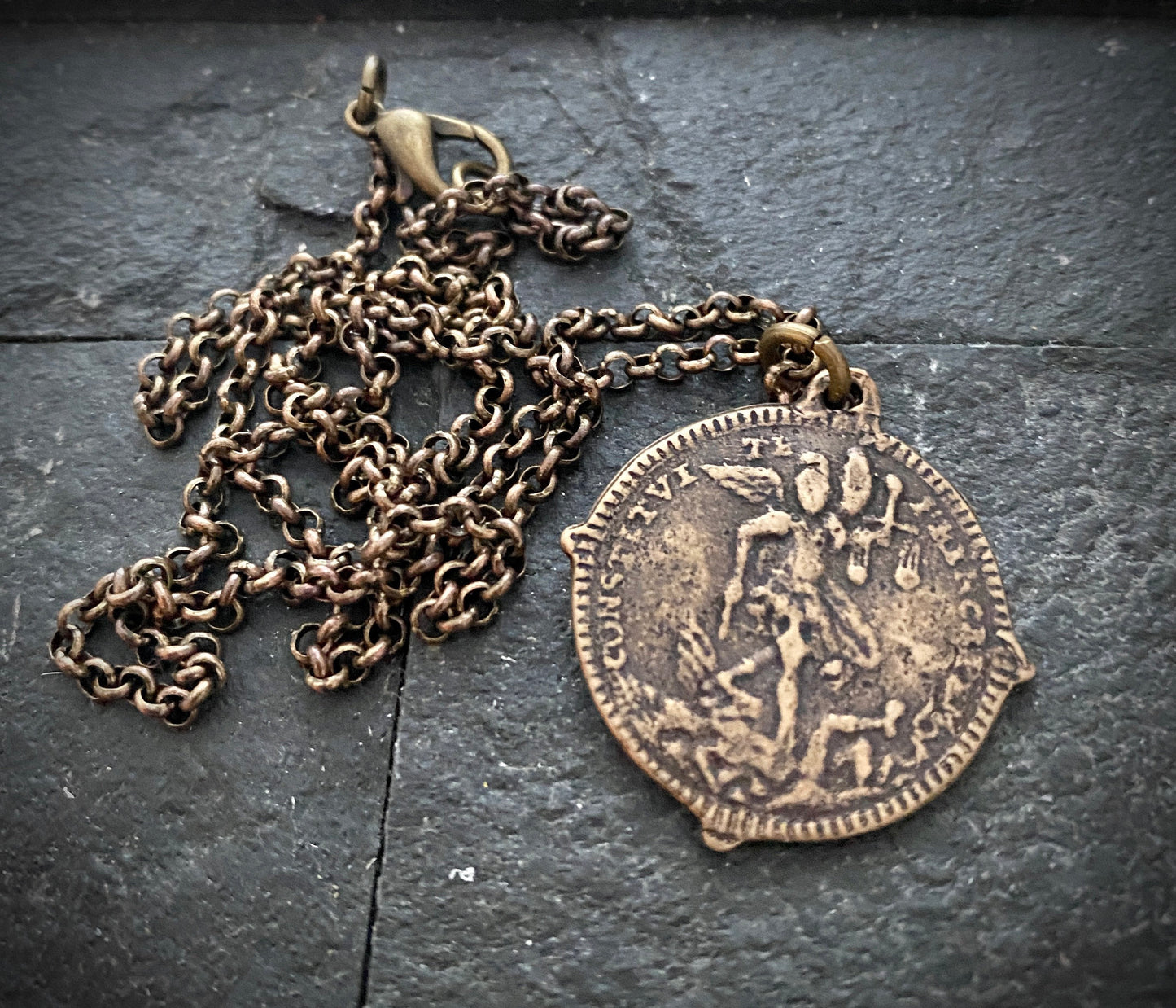 Men's Cross Necklace, Archangel St. Michael, Antiqued Brass and Bronze Unisex Jewelry, 20 or 24 Inch Chain, BR-026