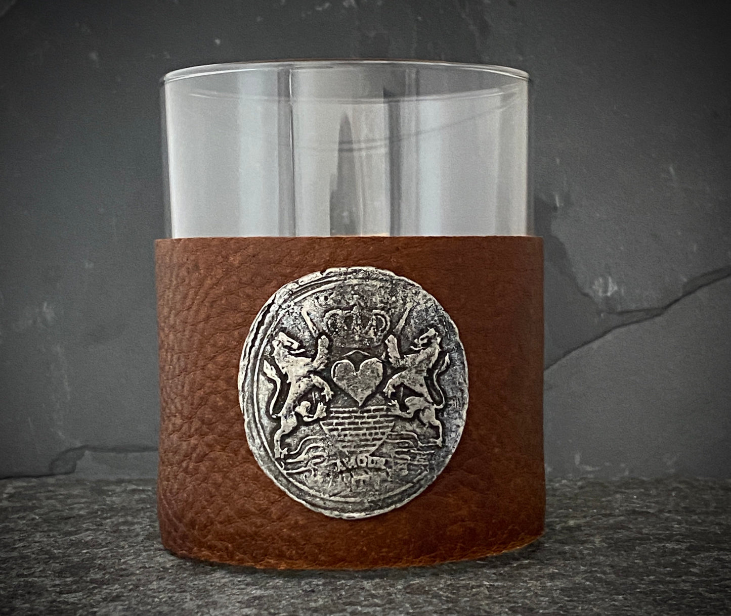 Custom Scotch Whiskey Glass, Highball, Coffee Color Leather Wrap, Antique style Wax Seal, Scotch Glasses, Genuine Leather, Love. Amour, French, BW-002