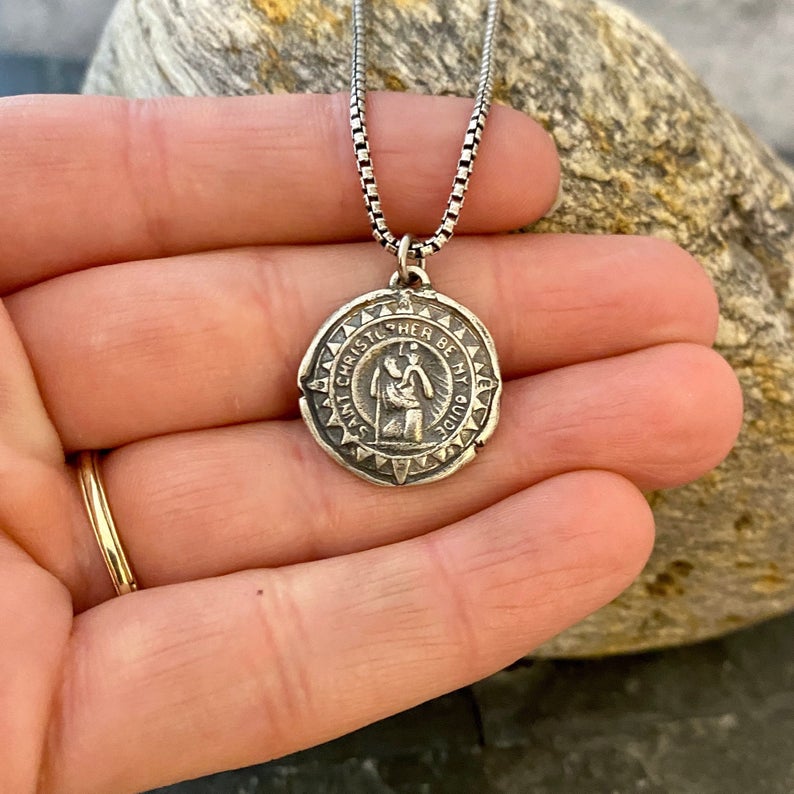 NOW in Sterling Silver, Men's necklace St. Christopher Wax Seal Medal w Compass, Unisex Jewelry, Chain length in 20 or 24 inches SS-017