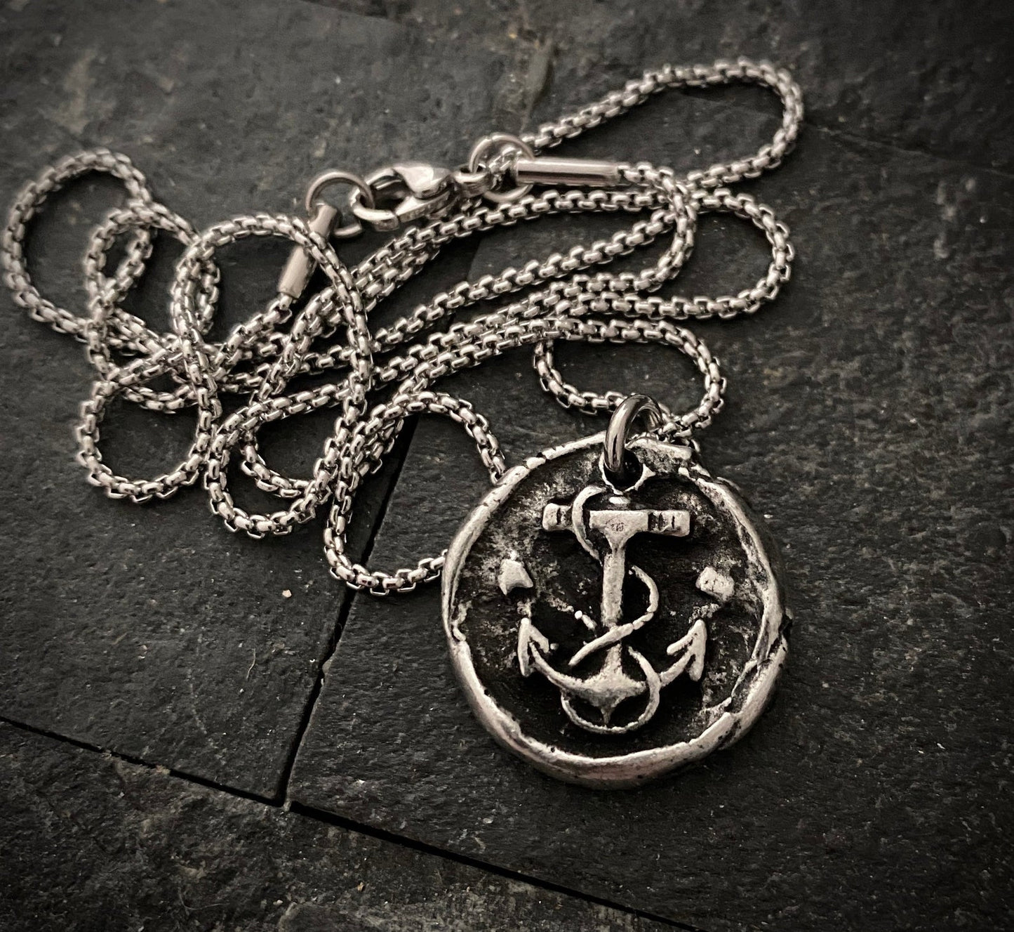 Wax Seal Nautical Anchor Necklace, Pewter and Stainless Steel Men's Unisex Ship Sea Jewelry, 20 or 24 Inch Chain, ST-034
