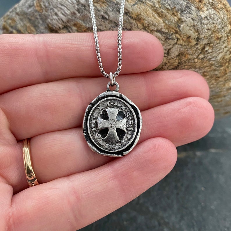 Men's Necklace with Wax Seal Crosss, Unisex Jewelry, Chain length in 20 or 24 inches ST-035