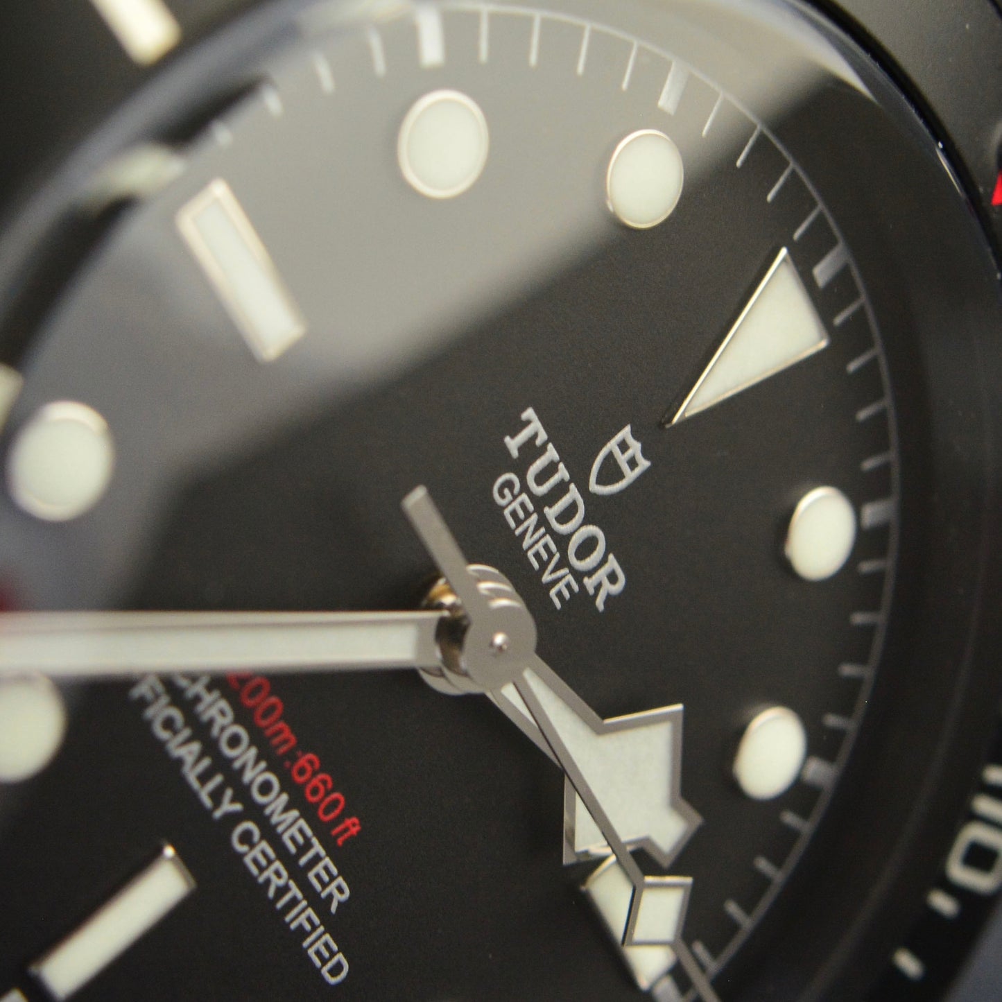 Close-up of a Tudor watch face with black dial and visible brand logo.