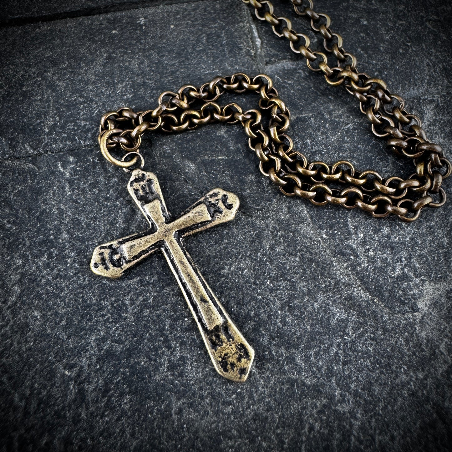 Ancient Antique Bronze Cross on Men's Brass Chain, Unisex Necklace, Antiqued Medieval Cross, Men's Fashion, BR-029