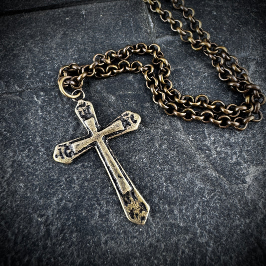 Ancient Antique Bronze Cross on Men's Brass Chain, Unisex Necklace, Antiqued Medieval Cross, Men's Fashion, BR-029
