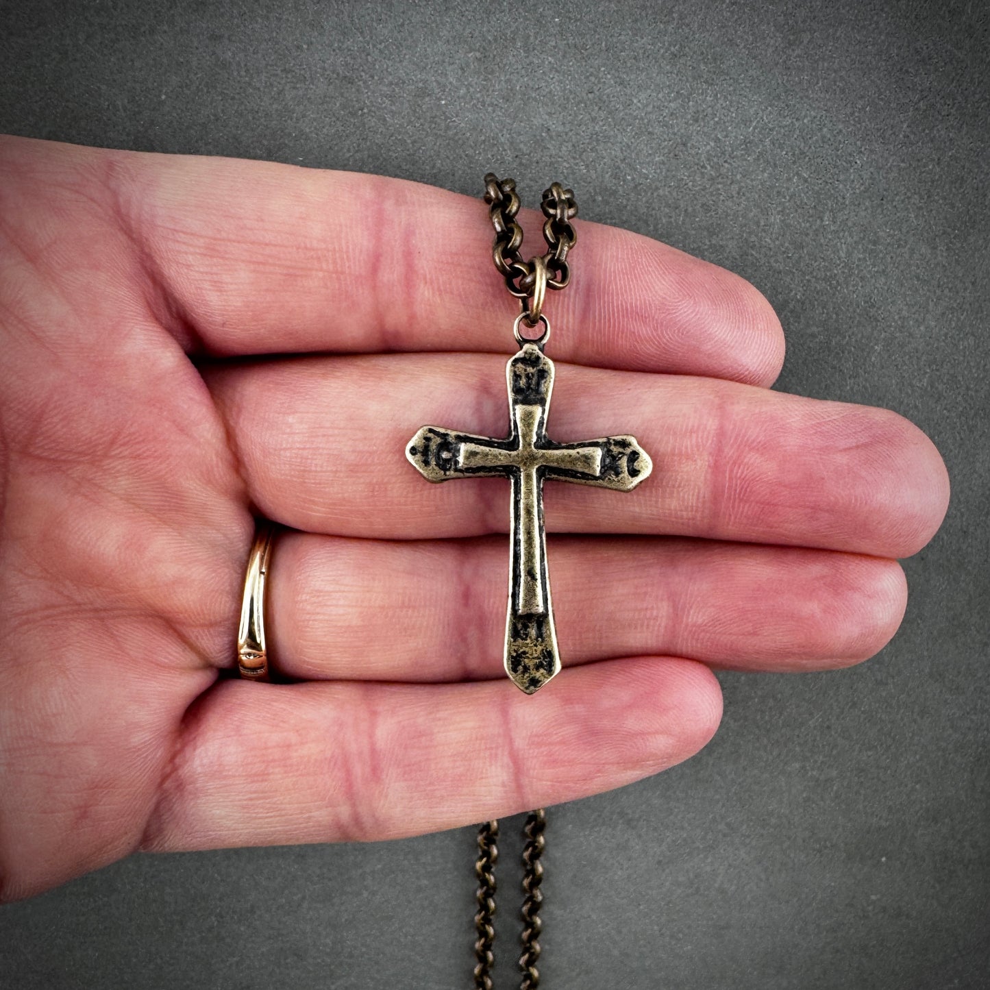 Ancient Antique Bronze Cross on Men's Brass Chain, Unisex Necklace, Antiqued Medieval Cross, Men's Fashion, BR-029