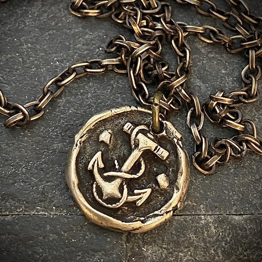Wax Seal Nautical Anchor Necklace, Brass and Bronze Men's Unisex Ship Sea Jewelry, 20 or 24 Inch Rolo Chain, BR-048