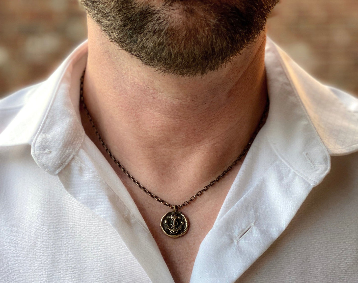 Wax Seal Nautical Anchor Necklace, Brass and Bronze Men's Unisex Ship Sea Jewelry, 20 or 24 Inch Rolo Chain, BR-048