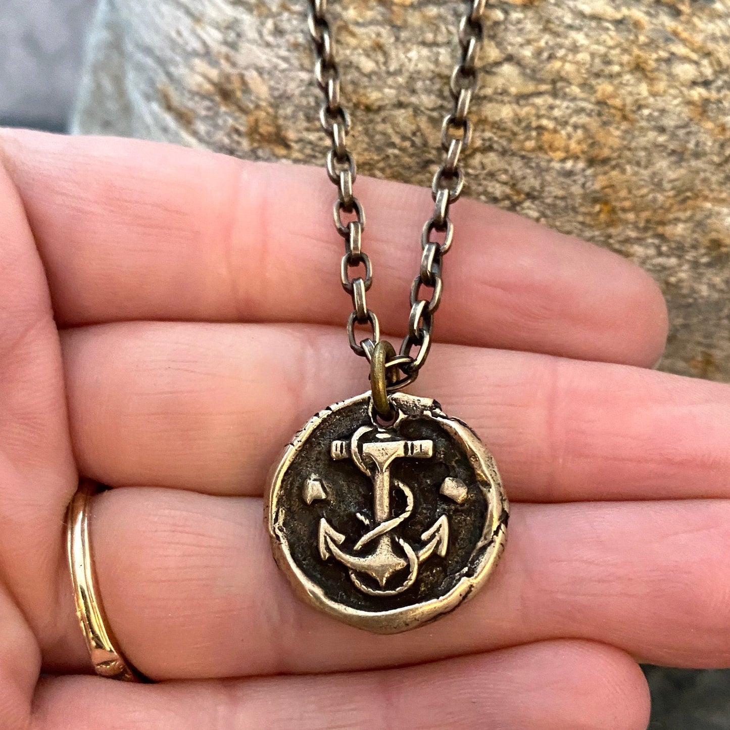 Wax Seal Nautical Anchor Necklace, Brass and Bronze Men's Unisex Ship Sea Jewelry, 20 or 24 Inch Rolo Chain, BR-048