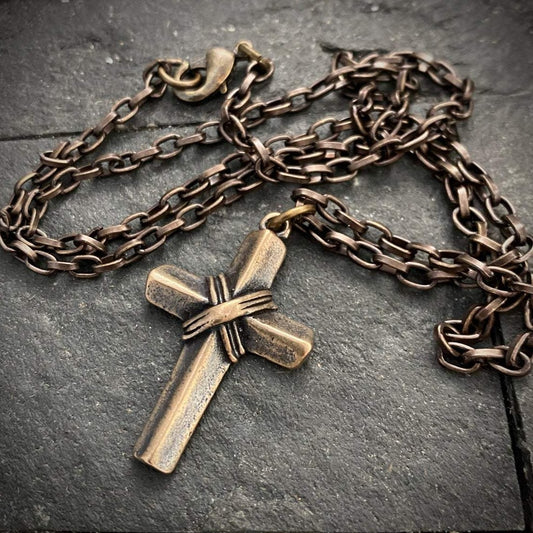 Bronze Vintage Cross, Men's Religious Jewelry, Unisex Necklace, Antiqued Brass Chain, BR-052