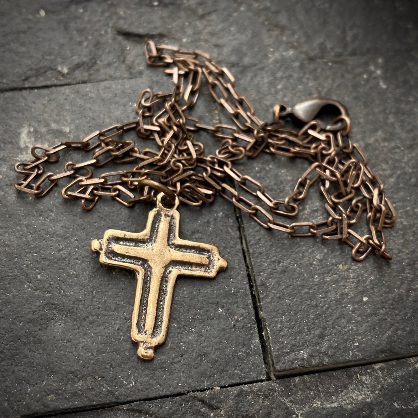 Men's Brass Necklace with Simple Bronze Cross, made from Ancient Original, Unisex Jewelry, BR-054