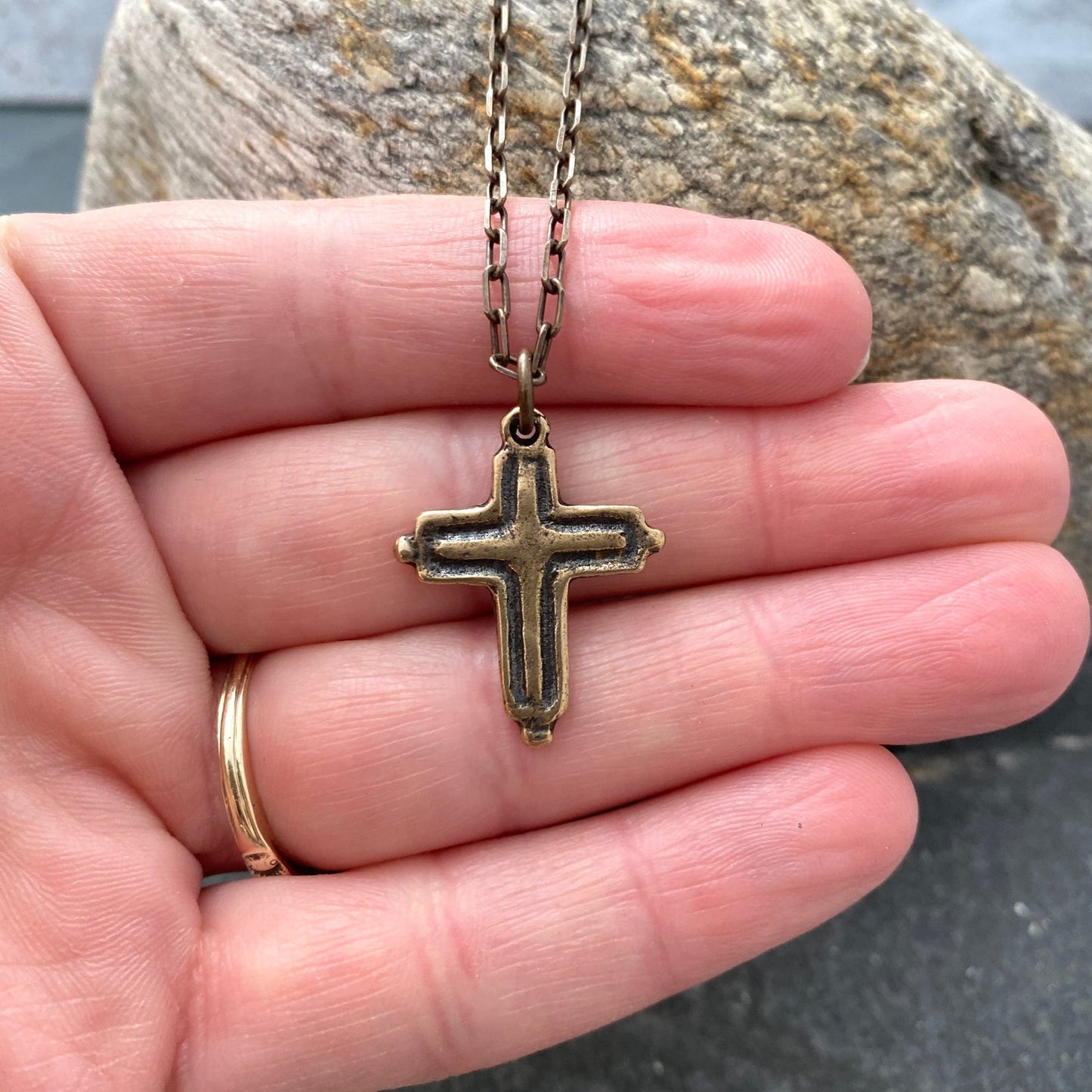 Men's Brass Necklace with Simple Bronze Cross, made from Ancient Original, Unisex Jewelry, BR-054