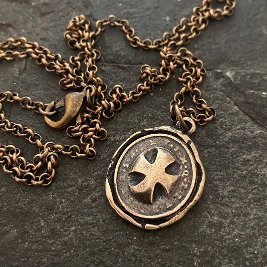 Men's Wax Seal Cross Necklace, Solid Brass Bronze, Unisex Jewelry, Chain length in 20 or 24 inches BR-058