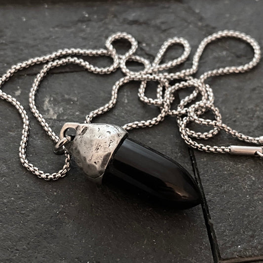 Men's Black Onyx Necklace, Unisex Gemstone, Stone Protection Pendant, Stainless Steel, Boyfriend Gift, GS-002