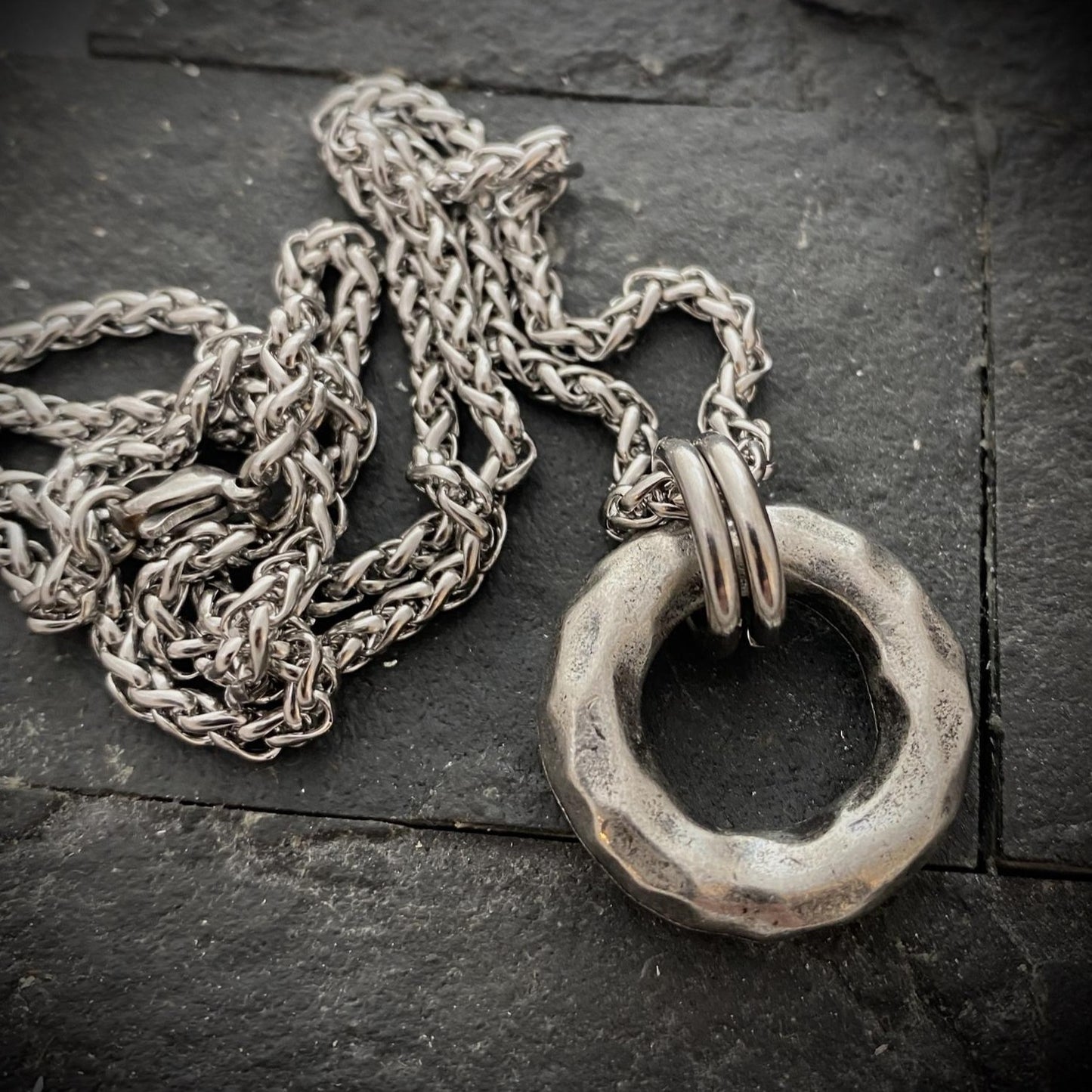 Large Hammered Ring Men's Necklace, Heavy Pewter Ring, Unisex Jewelry, Stainless Steel chain, ST-032