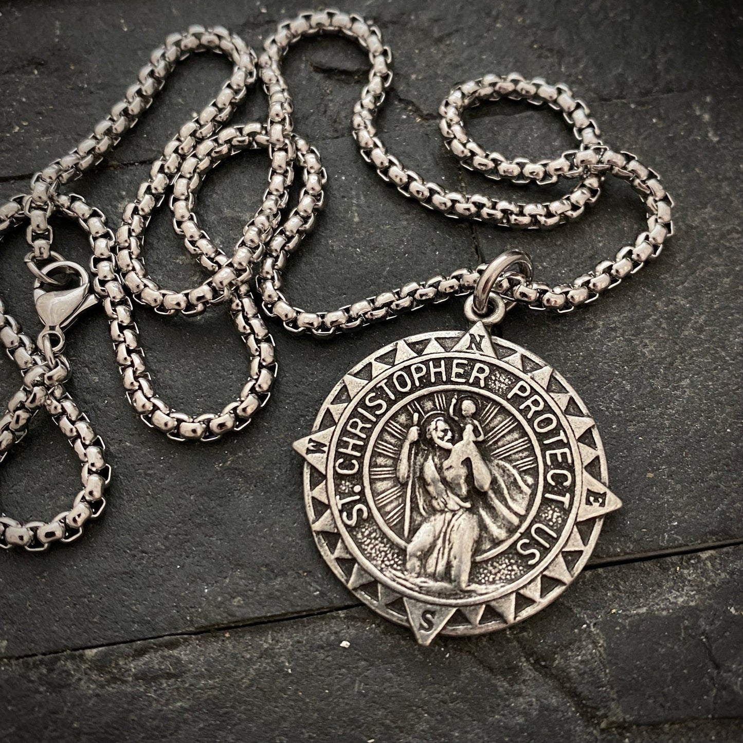 Men's Necklace with Large Silver Pewter St. Christopher Compass Medal, Unisex Jewelry, Stainless Steel ST-038