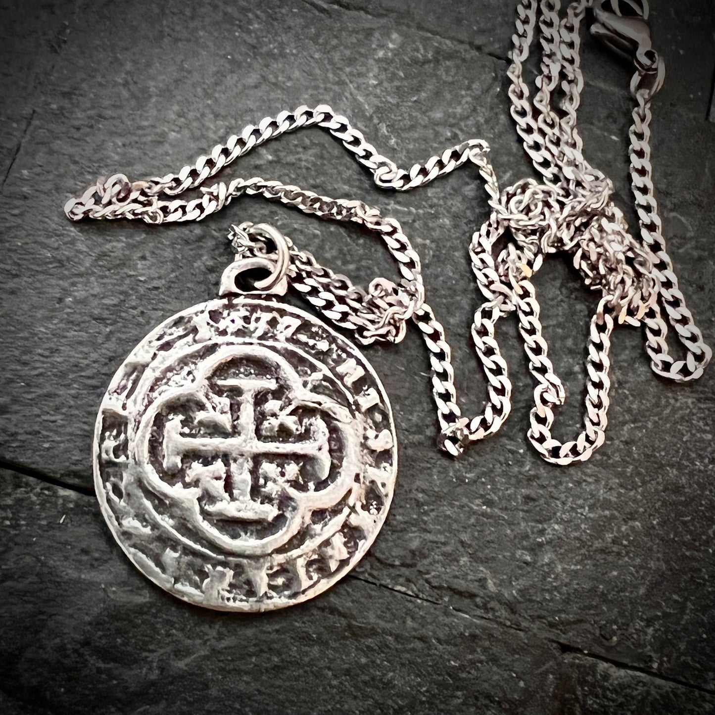Old Spanish Doubloon Coin Men's Necklace, Shipwreck Pirate Cross Pendant Stainless Steel and Pewter Medal, Unisex Jewelry, ST-041 Johnny LTD