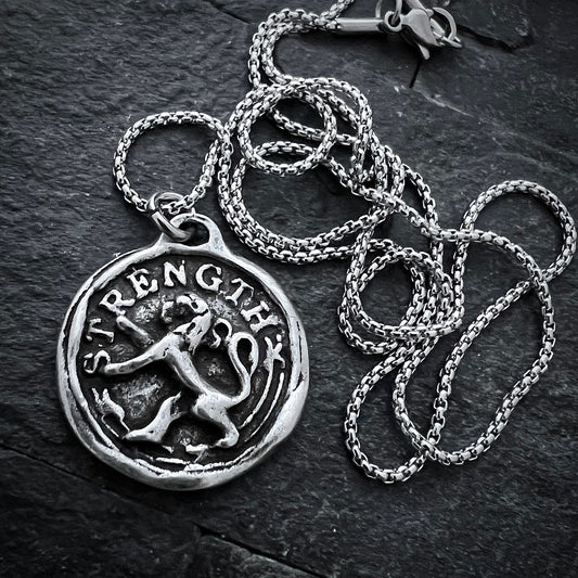 Men's Lion, Strength Wax Seal Necklace, Antiqued Pewter and Stainless Steel Unisex Jewelry, Chain length 20 or 24 inches ST-042