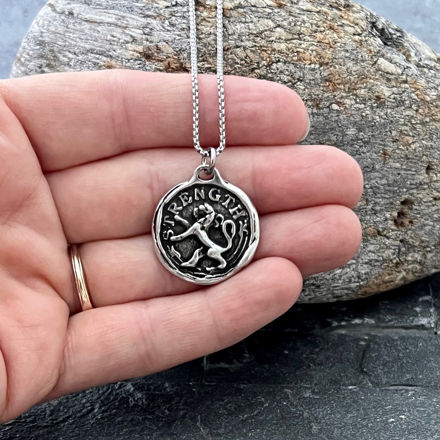 Men's Lion, Strength Wax Seal Necklace, Antiqued Pewter and Stainless Steel Unisex Jewelry, Chain length 20 or 24 inches ST-042