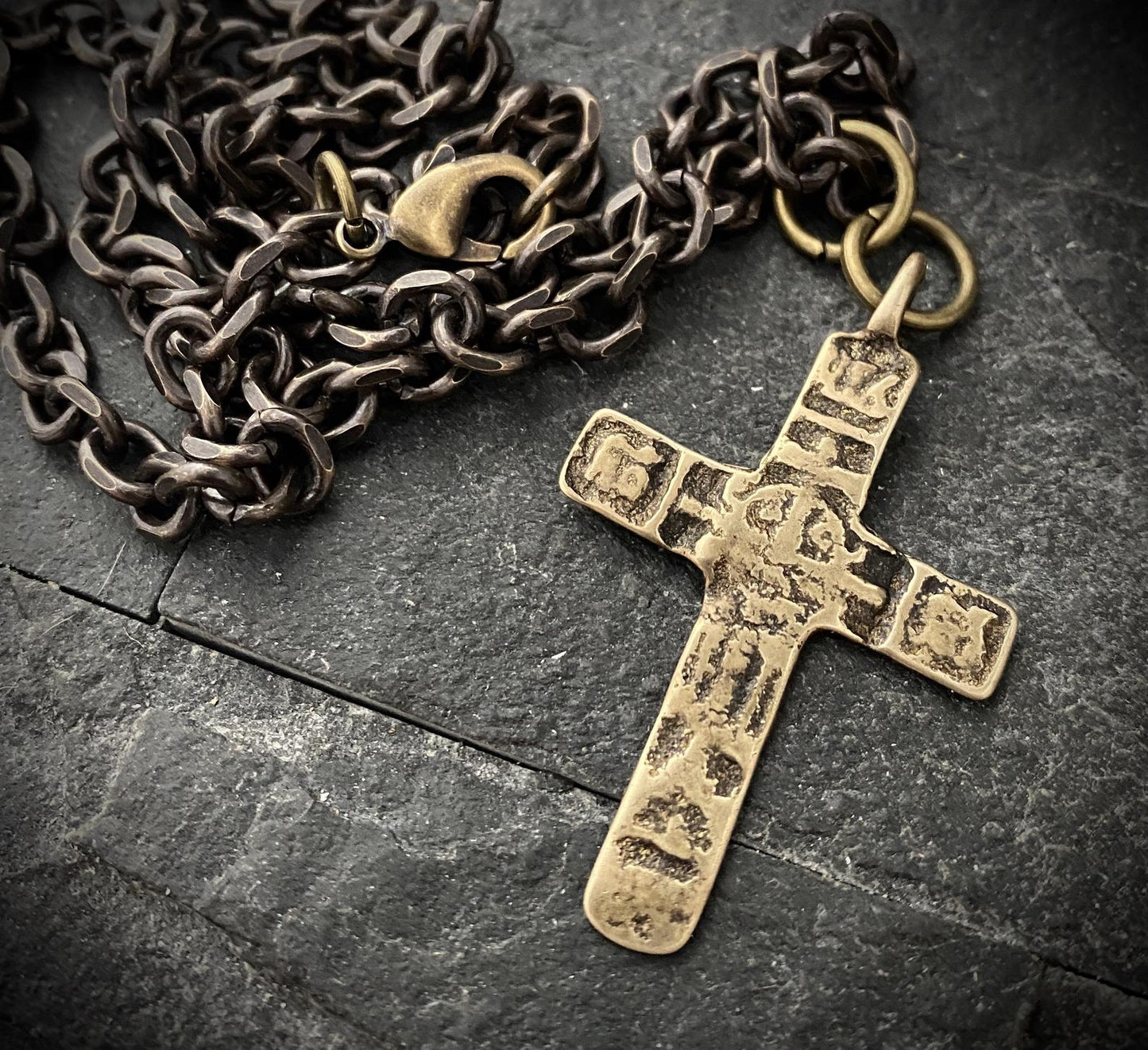 Ancient Cross on Men's Brass Bead Chain, Unisex Necklace, Antiqued Medieval Cross, Men's Fashion, 20 Inch, BR-009