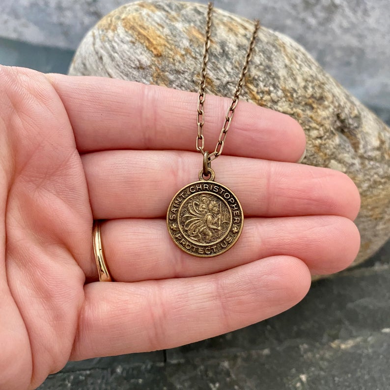 Men's Necklace St. Christopher - Protection, Unisex Necklace, 20 or 24 inch Antiqued Brass necklace BR-014