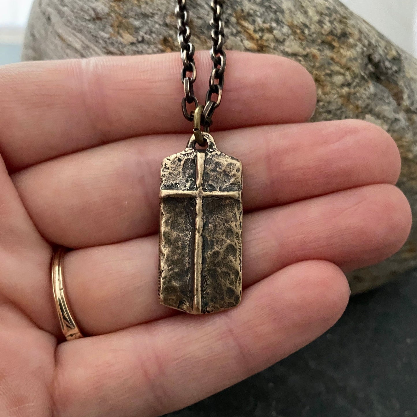 The Lord's Prayer Necklace, Men's Bronze Pendant with Cross and Brass Necklace, Unisex Jewelry Gift, Faith, BR-050