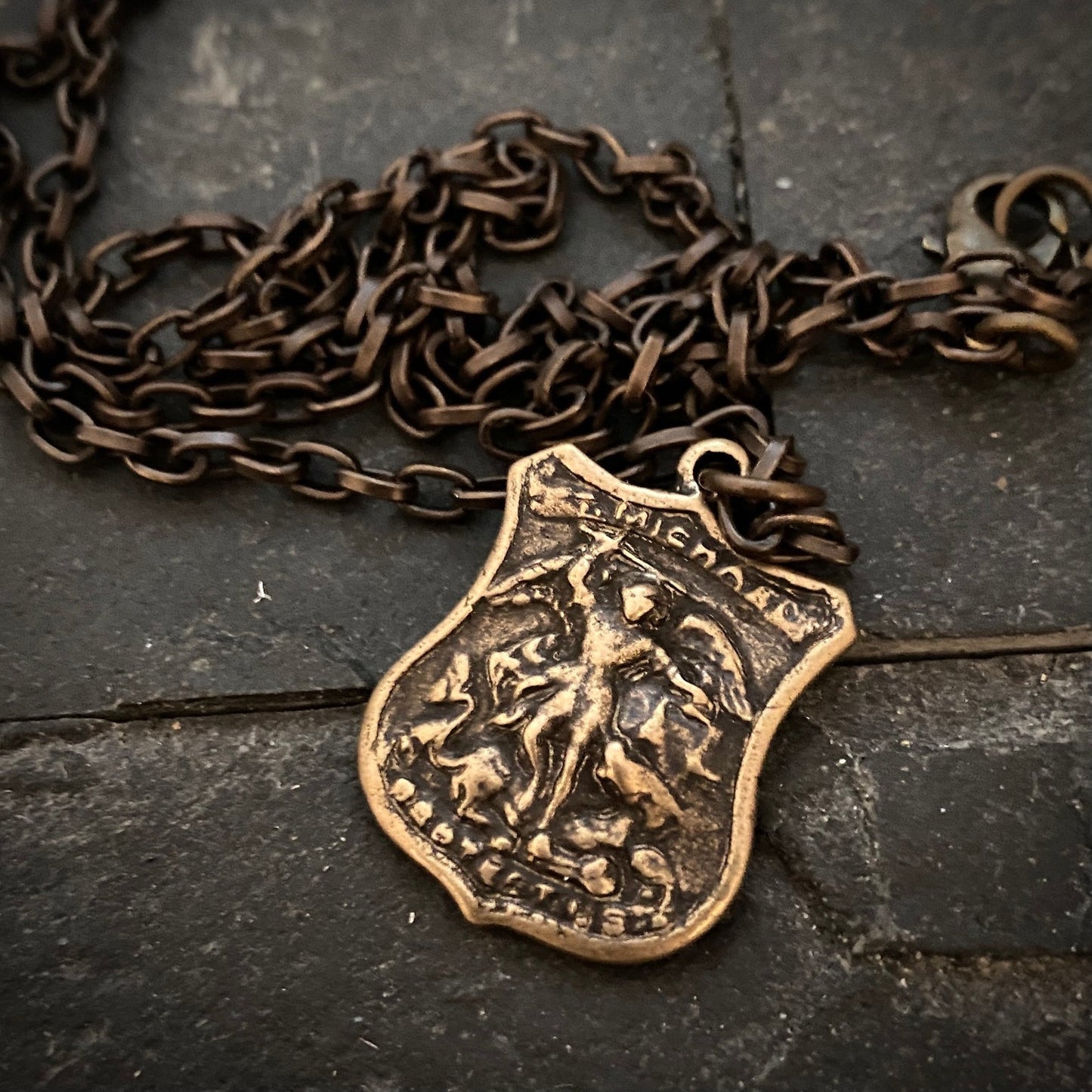 Men's Bronze Archangel St. Michael Shield Necklace, Antiqued Brass Chain, Unisex Jewelry, 20 or 24 Inch Chain, BR-055
