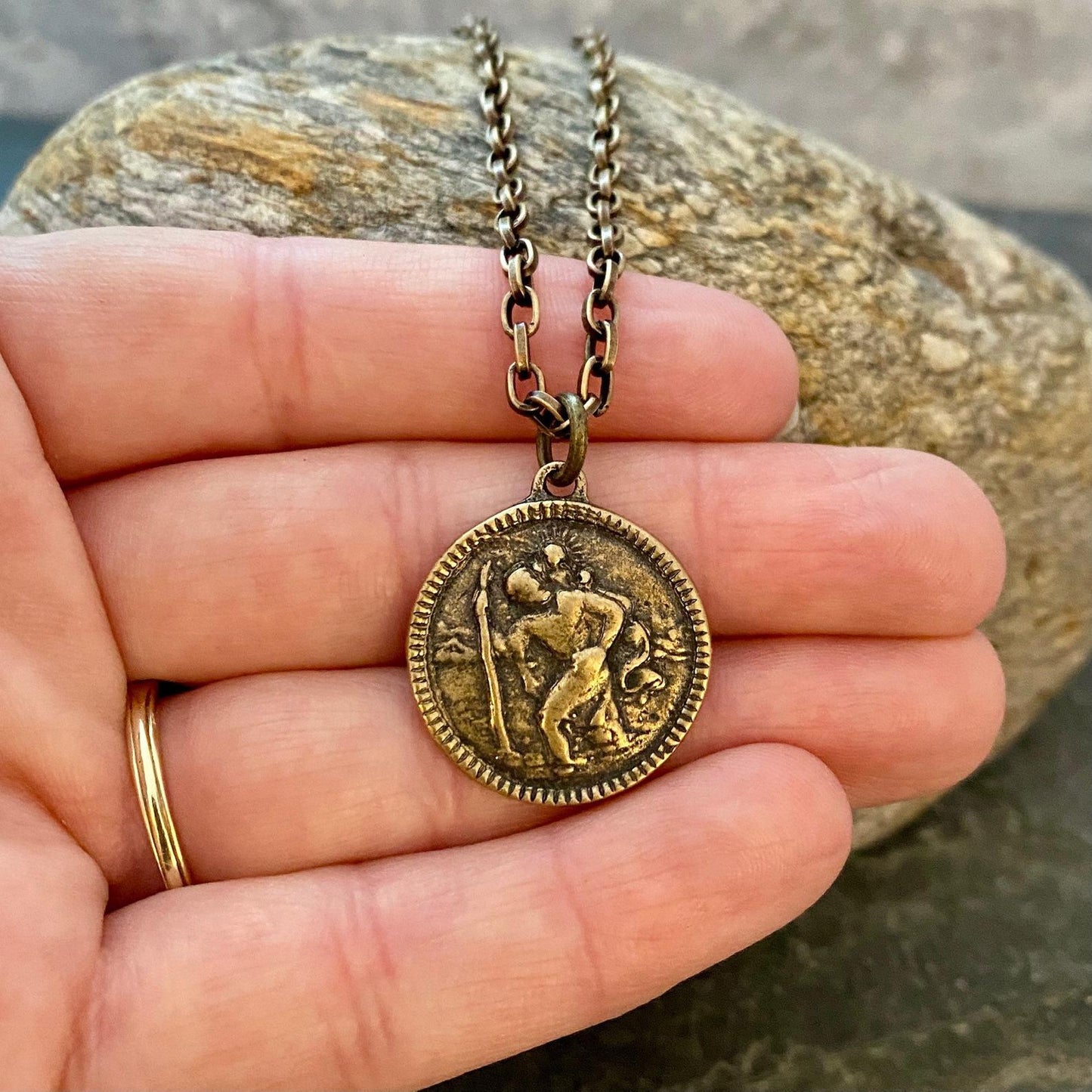 Men's Antiqued Brass Necklace with Round St. Christopher Medal, Unisex Jewelry, Chain length 20 or 24 inches BR-056