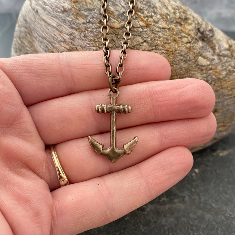 Nautical Anchor Necklace, Brass and Bronze Men's Unisex Ship Sea Boating Jewelry, 20 or 24 Inch Chain, BR-061