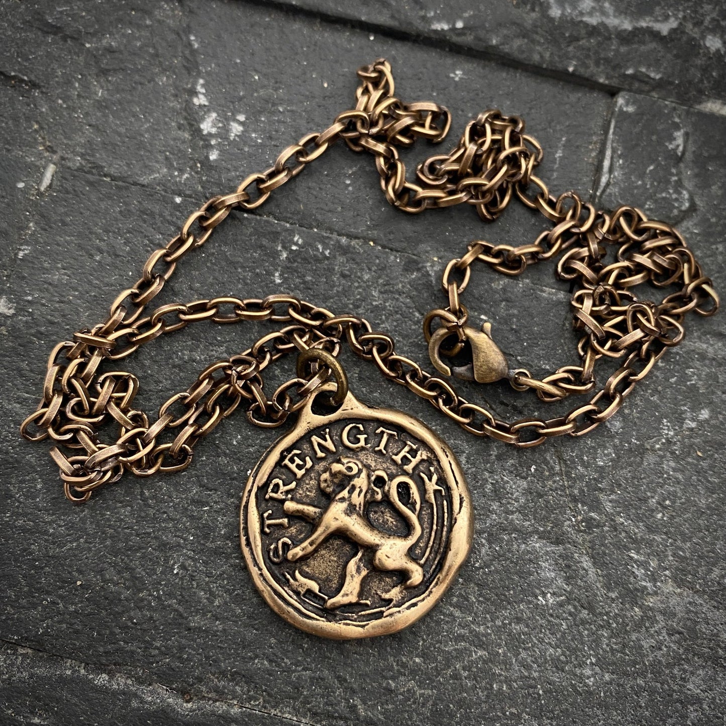 Men's Lion, Strength Wax Seal Necklace, Antiqued Brass Bronze Unisex Jewelry, Chain length 20 or 24 inches BR-060