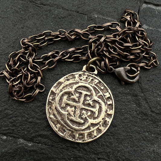 Old Spanish Doubloon Coin Men's Necklace, Shipwreck Pirate Cross Pendant Brass Bronze Medal, Unisex Jewelry, BR-062