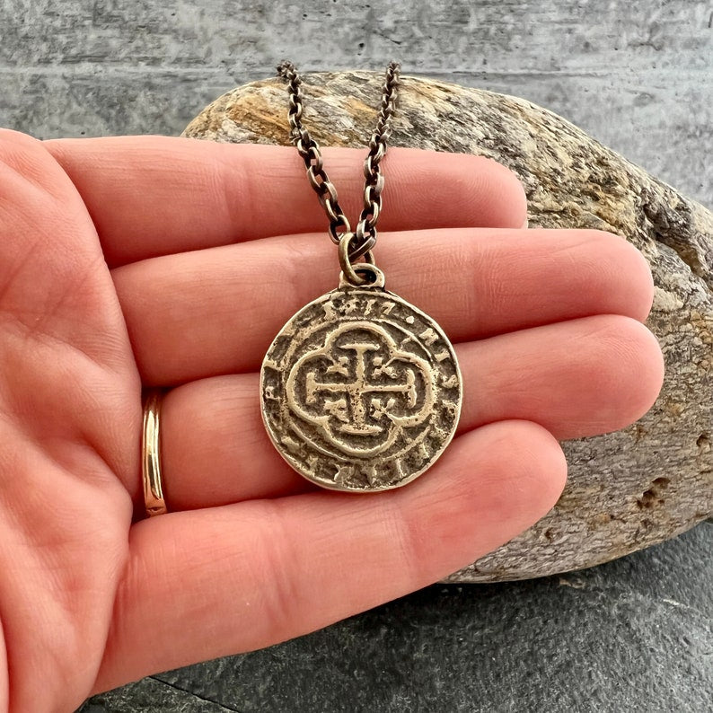 Old Spanish Doubloon Coin Men's Necklace, Shipwreck Pirate Cross Pendant Brass Bronze Medal, Unisex Jewelry, BR-062
