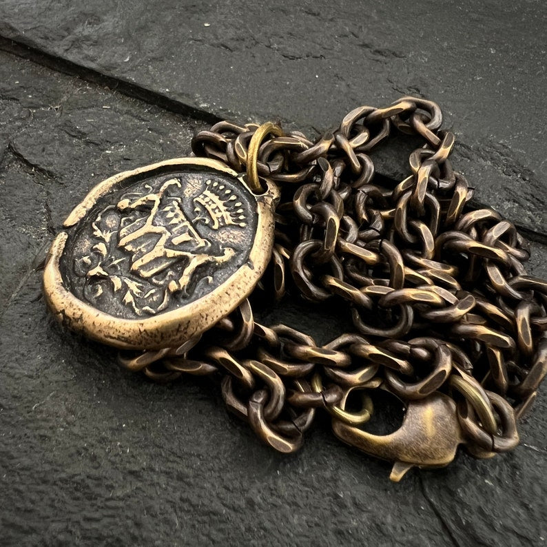 Men's Wax Seal Necklace with Crown, Antiqued Brass Bronze Unisex Amulet Jewelry, Chain length 20 or 24 inches BR-063