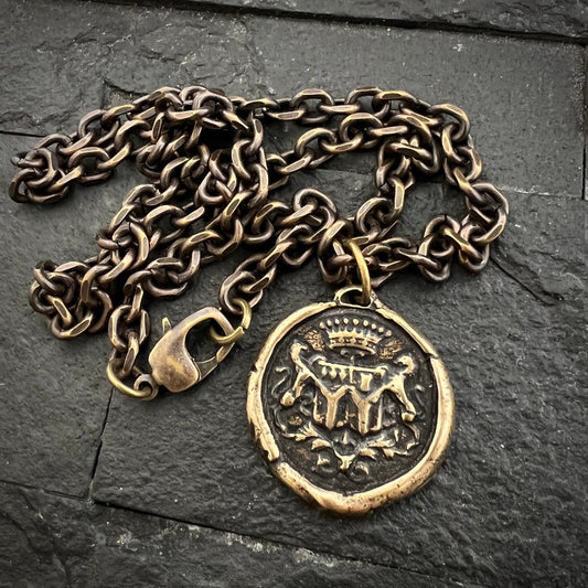 Men's Wax Seal Necklace with Crown, Antiqued Brass Bronze Unisex Amulet Jewelry, Chain length 20 or 24 inches BR-063