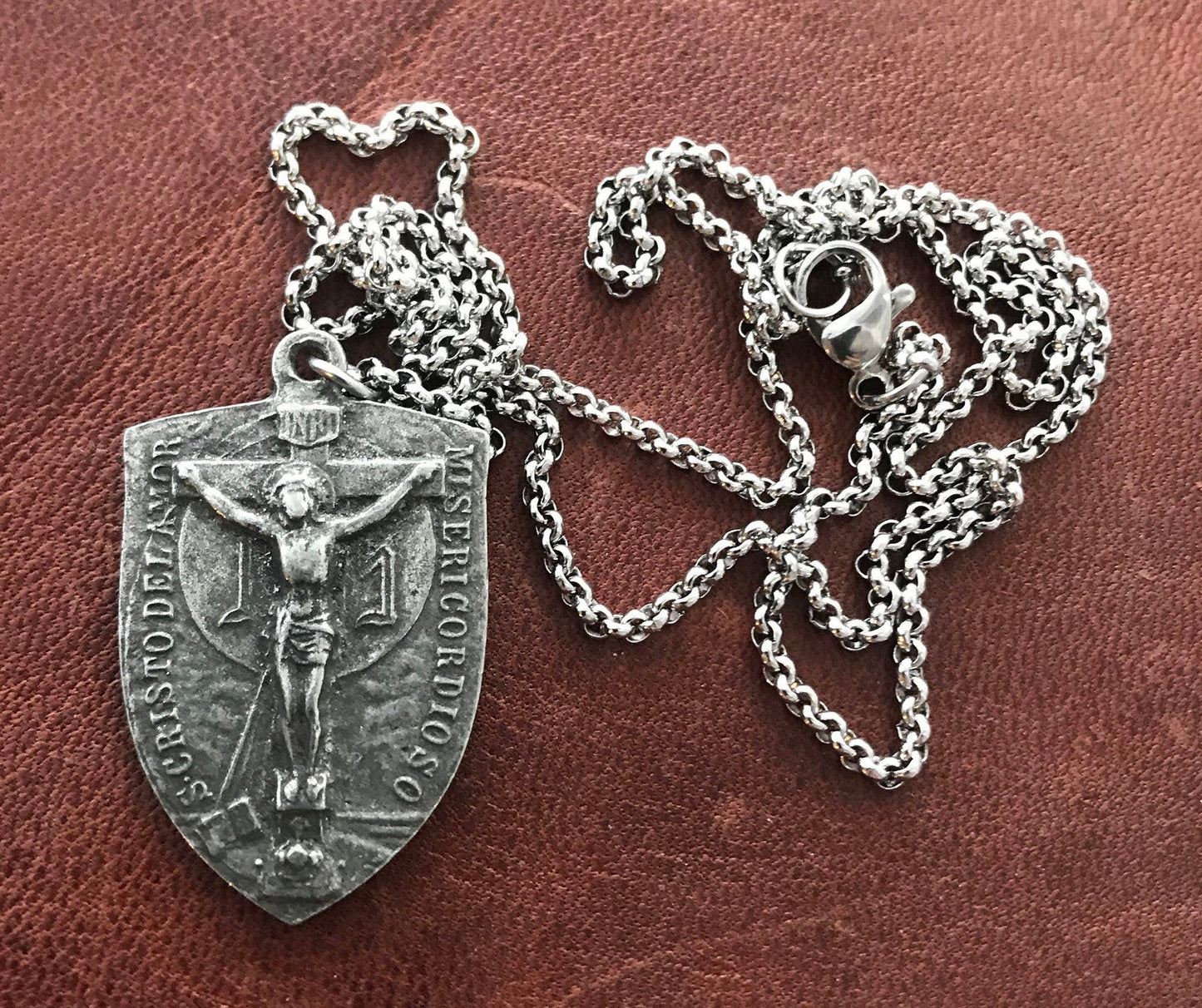 Men's Necklace featuring a Crucifix Shield and Blessed Mother Mary, Unisex Necklace, Catholic Pendant 20 or 24 inch Chain, ST-023