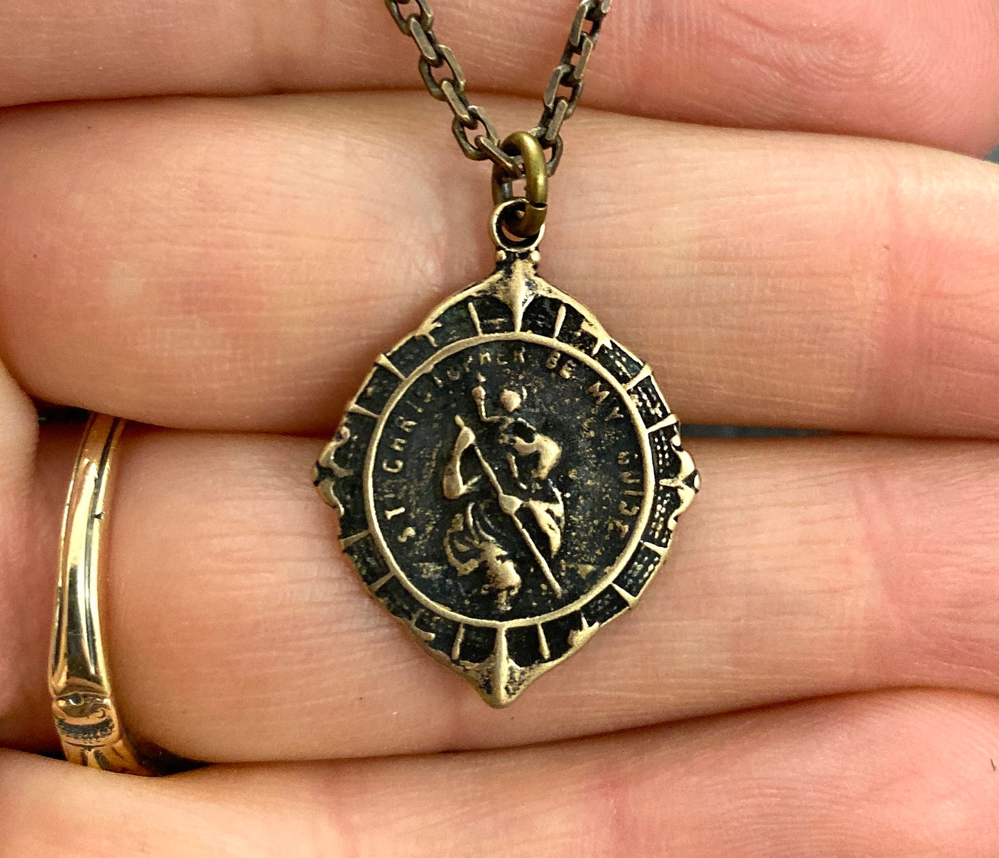 St. Christopher Antiqued Brass Men's Necklace, Johnny LTD  featuring a Vintage Catholic Medal, Unisex Necklace, BR-023