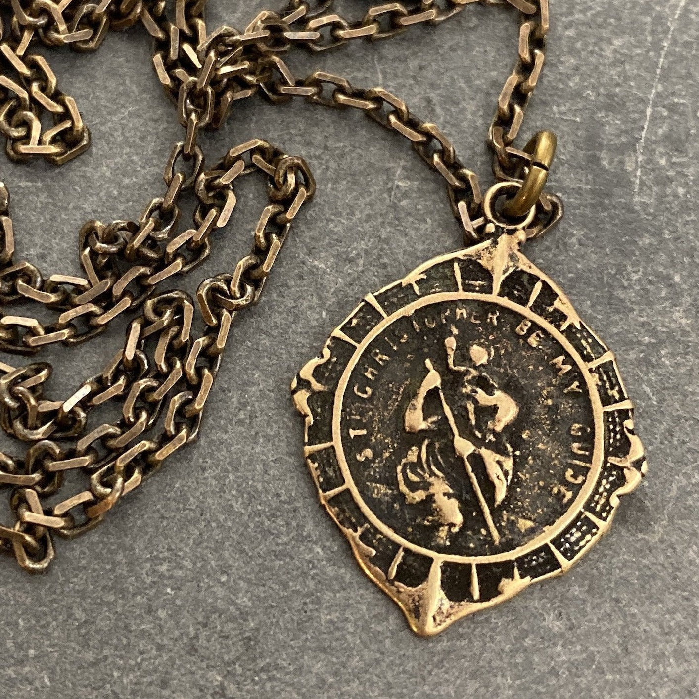St. Christopher Antiqued Brass Men's Necklace, Johnny LTD  featuring a Vintage Catholic Medal, Unisex Necklace, BR-023