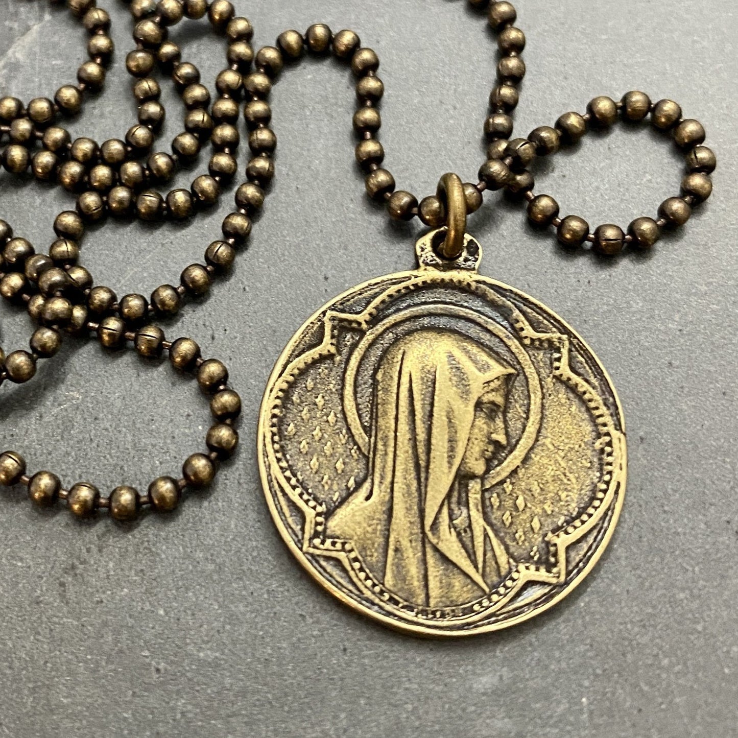 Virgin Mary Catholic Vintage Style Medal on Men's Brass Bead Chain, Unisex Necklace, Virgin Mary, Mother Unisex, 20 or 24 Inch, BR-030