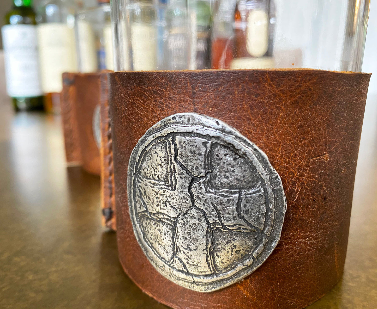 Custom Scotch Whiskey Glass, Highball, Coffee Colored Leather Wrap, Cross, Antique Style Cross, Scotch Glasses, Genuine Leather, BW-003-00