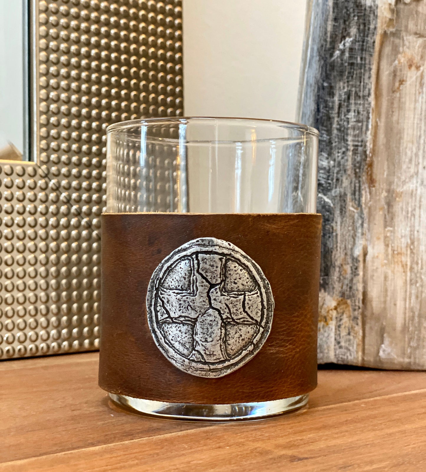 Custom Scotch Whiskey Glass, Highball, Coffee Colored Leather Wrap, Cross, Antique Style Cross, Scotch Glasses, Genuine Leather, BW-003-00