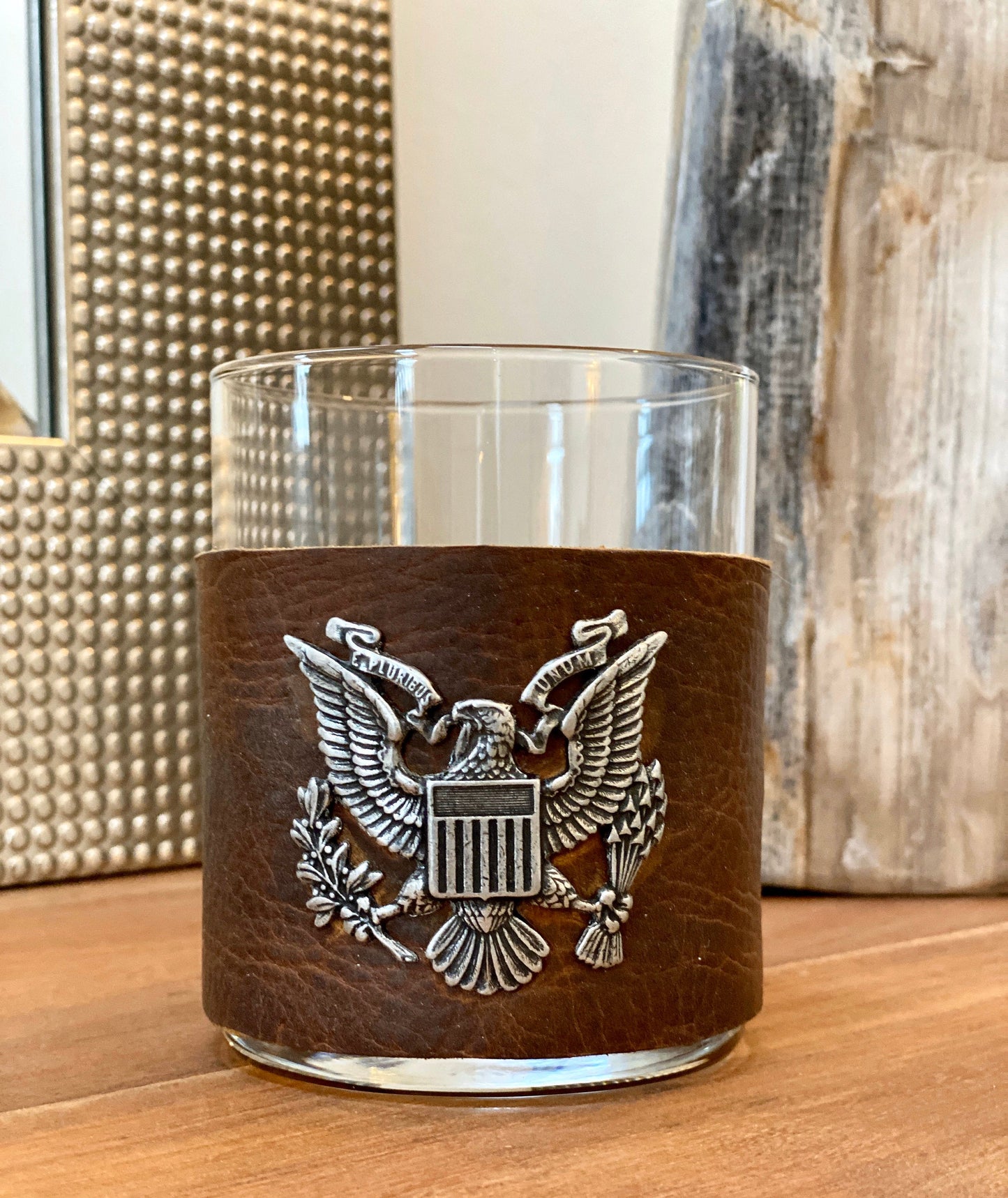 Custom Scotch Whiskey Glass, American Eagle, Highball Leather Wrap, Military Emblem, Air Force, Army, Navy, Marines, Scotch Glasses BW-001