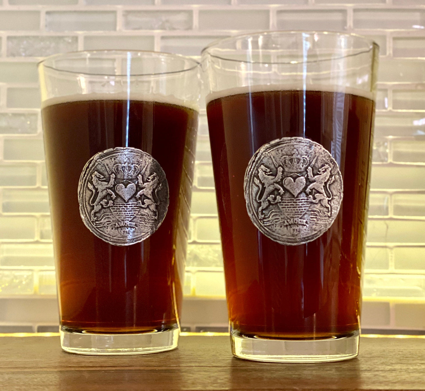 Custom Set of Beer Glasses, Large Pewter Love Wax Seal Designed by Johnny LTD, Set of Beer Glasses, Groomsman, Wax Seal, Crest, BW-005-00