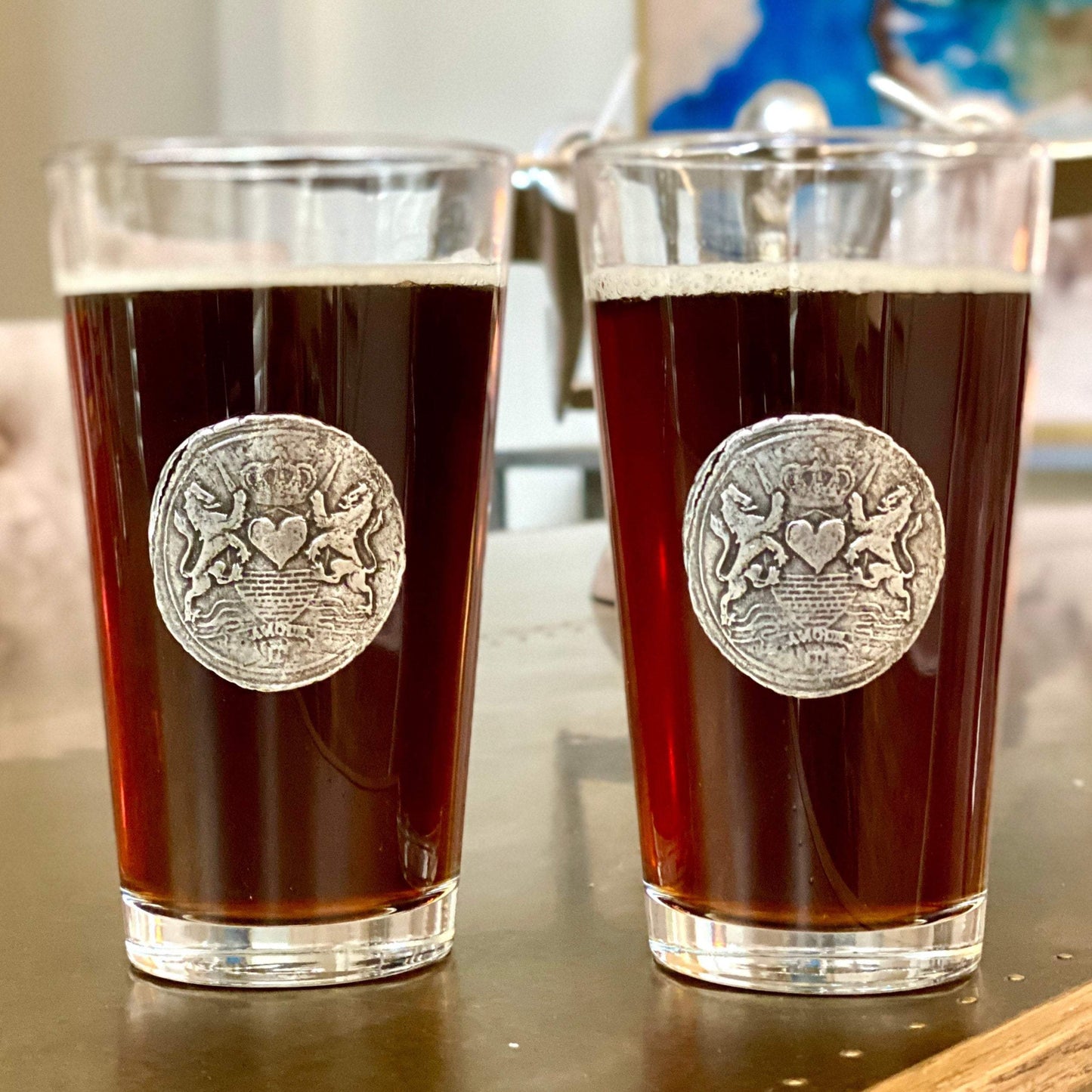 Custom Set of Beer Glasses, Large Pewter Love Wax Seal Designed by Johnny LTD, Set of Beer Glasses, Groomsman, Wax Seal, Crest, BW-005-00