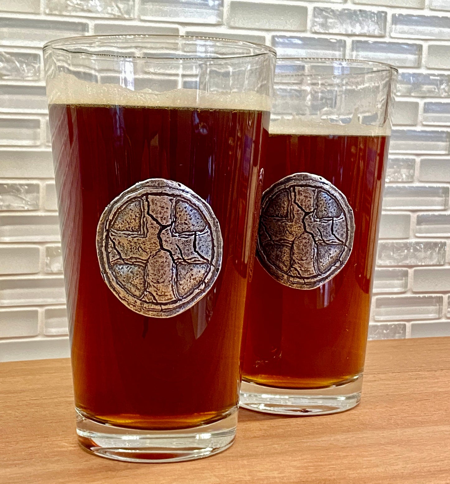 Custom Set of Beer Glasses, Large Pewter Cross Designed by Johnny LTD, Set of Beer Glasses, Groomsan, Spiritual, Cross, Wax Seal, BW-006-00