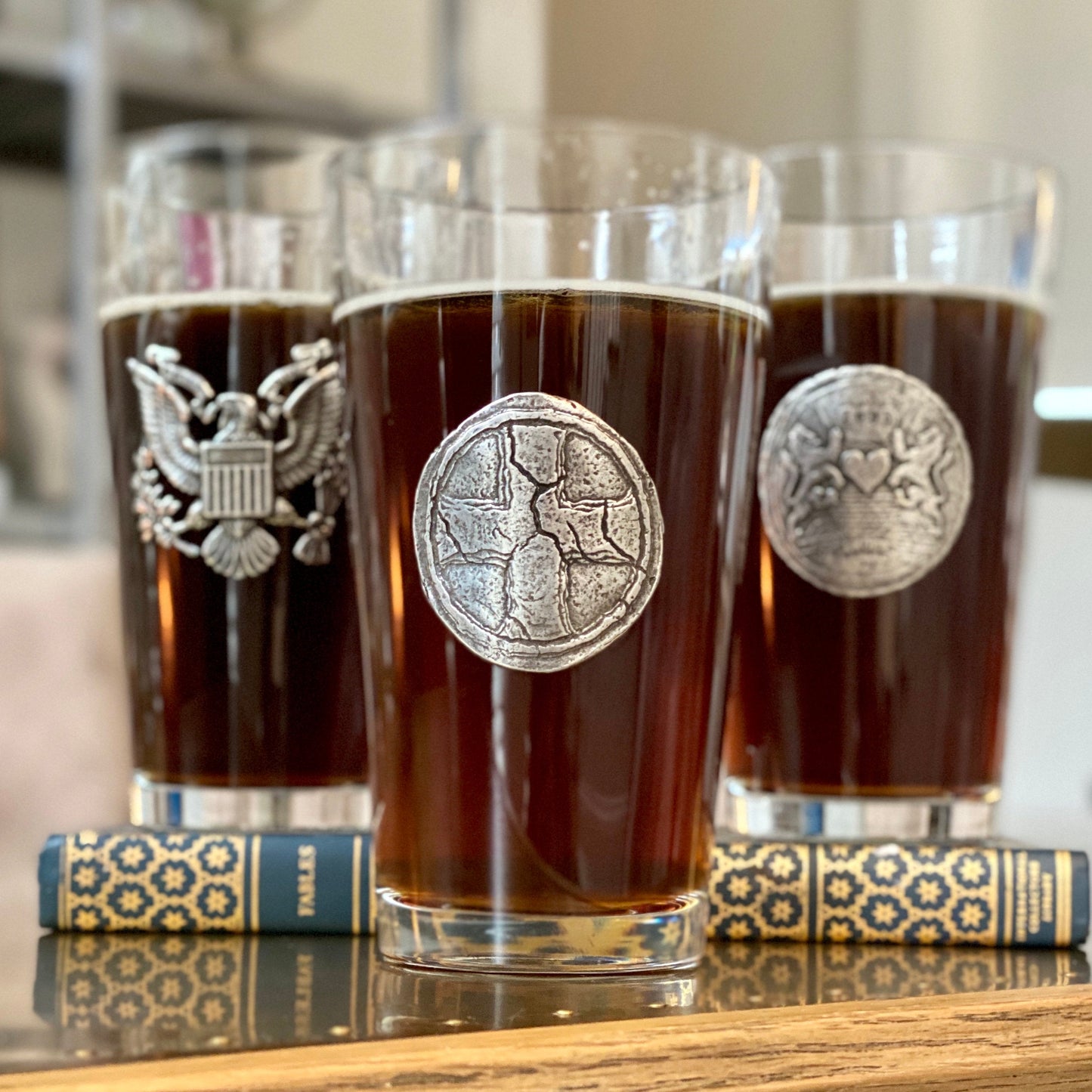 Custom Set of Beer Glasses, Large Pewter Cross Designed by Johnny LTD, Set of Beer Glasses, Groomsan, Spiritual, Cross, Wax Seal, BW-006-00