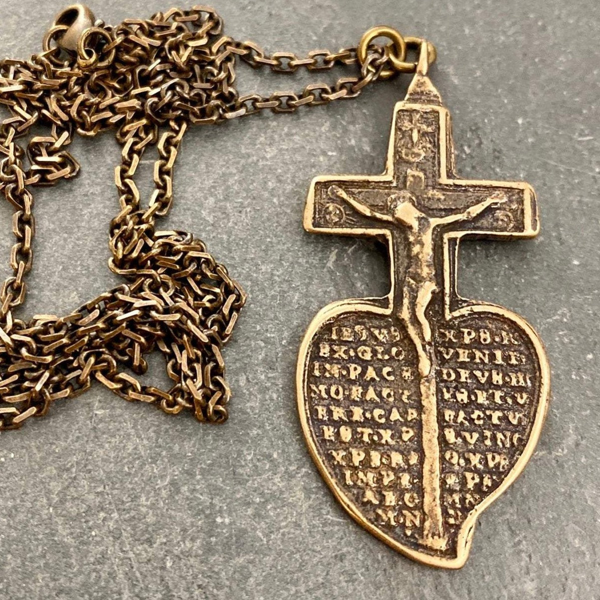 Men's Brass Bronze Crucifix Necklace, Cast from Ancient Antique Cross Heart Mary, Unisex Chain Jewelry, BR-024
