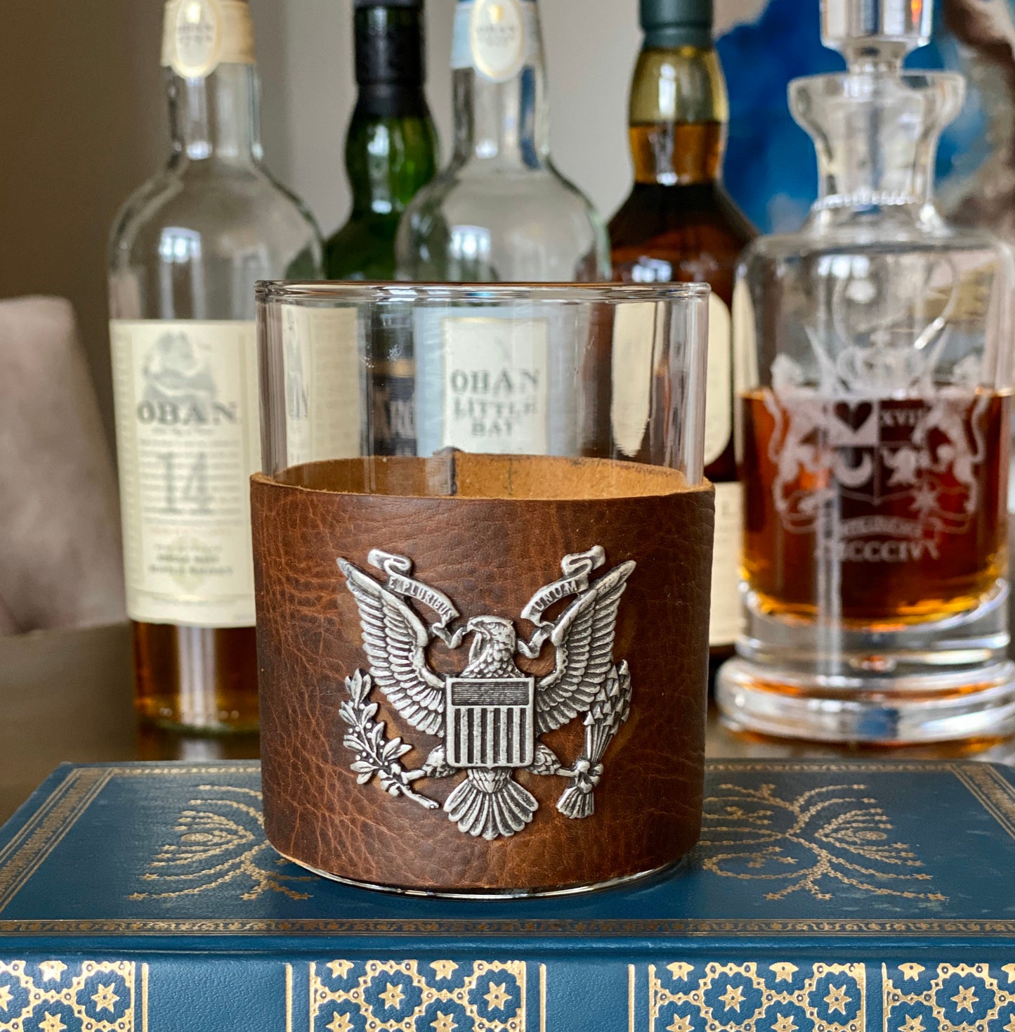 Custom Scotch Whiskey Glass, American Eagle, Highball Leather Wrap, Military Emblem, Air Force, Army, Navy, Marines, Scotch Glasses BW-001