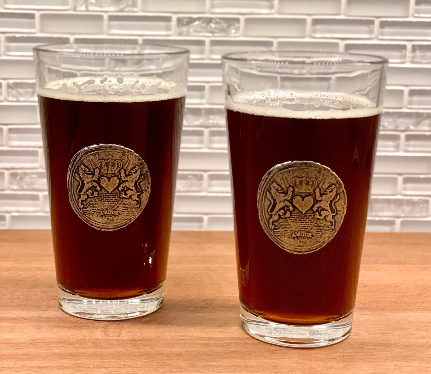 Custom Set of Beer Glasses, Large Pewter Love Wax Seal Designed by Johnny LTD, Set of Beer Glasses, Groomsman, Wax Seal, Crest, BW-005-00