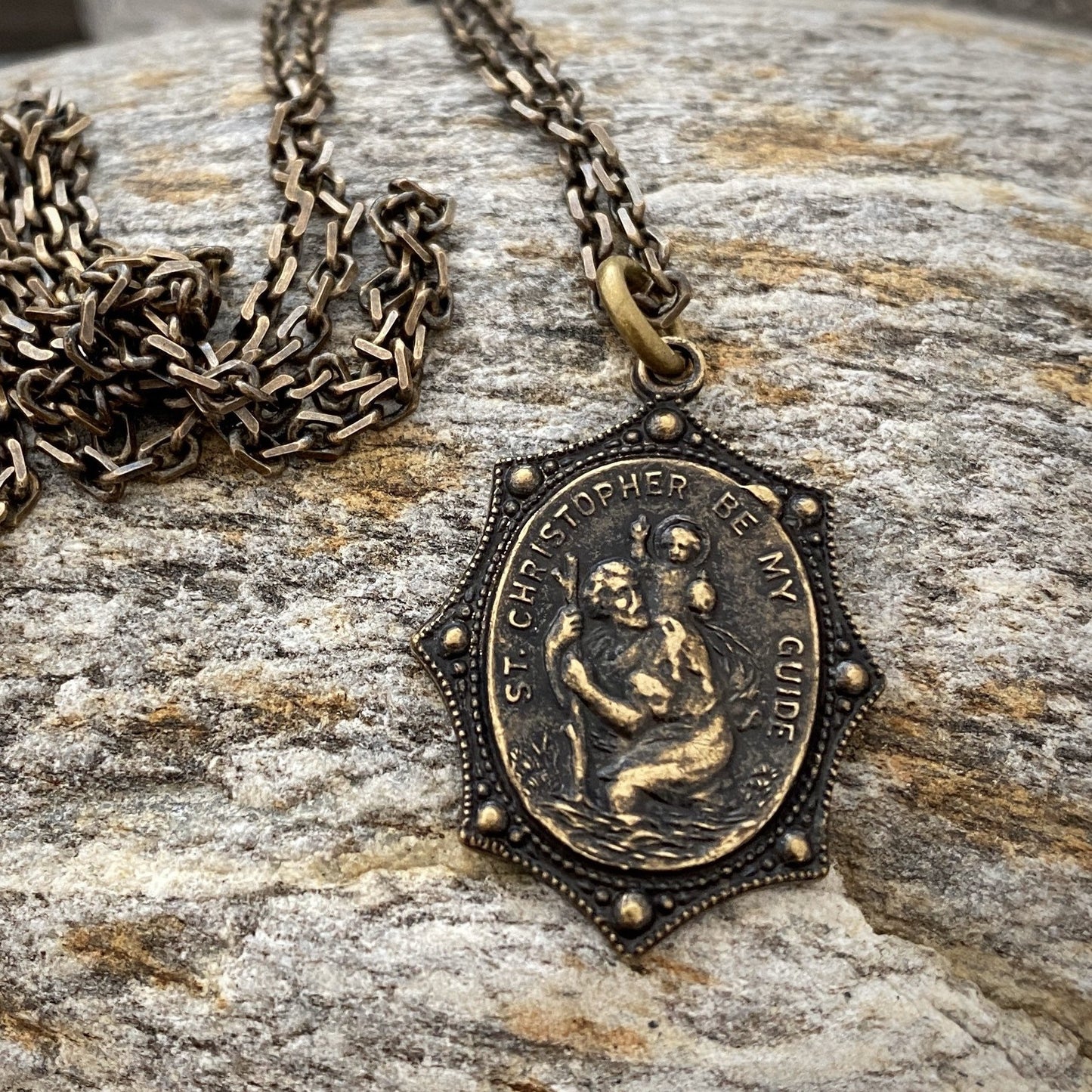 Men's Necklace, Vintage Style St. Christopher, Protection, Protect Us, Patron of travelers, 20 or 24 inches, Antiqued Brass, BR-008